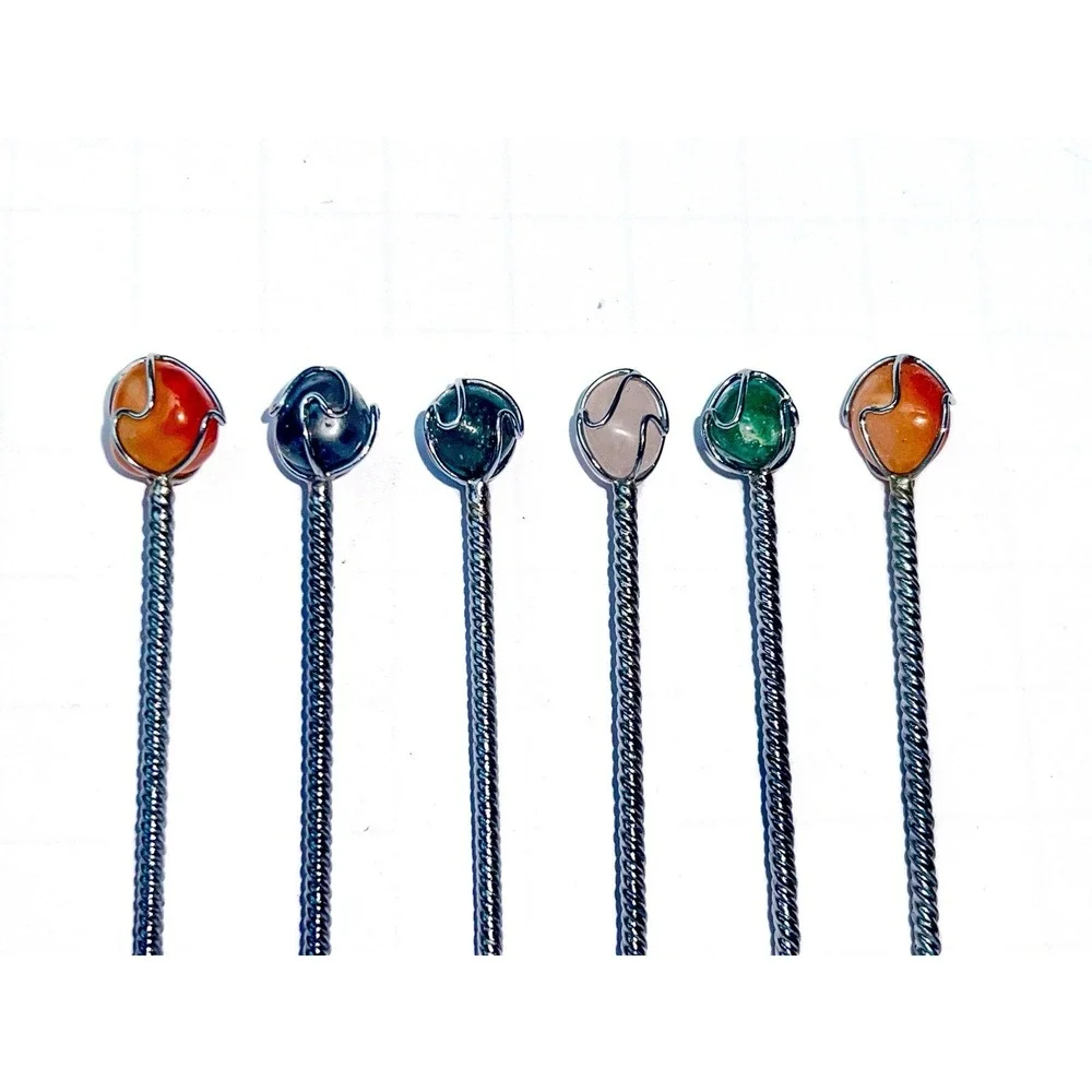 Vintage Cocktail Fork Set 6 Colored Stone Tops